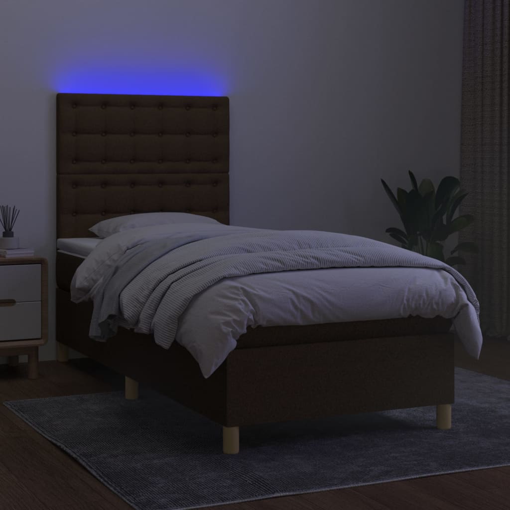 Cama box spring c/ colchão/LED 90x200 cm tecido castanho-escuro