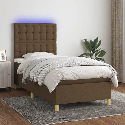 Cama box spring c/ colchão/LED 90x200 cm tecido castanho-escuro