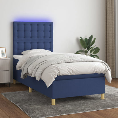 Cama box spring c/ colchão e LED 90x200 cm tecido azul