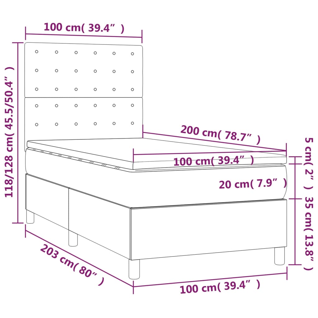 Cama box spring c/ colchão/LED 100x200cm tecido castanho-escuro