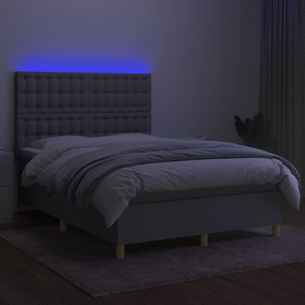 Cama box spring c/ colchão e LED 140x190 cm tecido cinza-claro