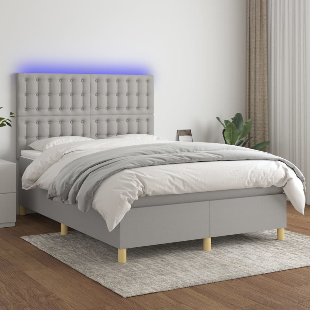 Cama box spring c/ colchão e LED 140x190 cm tecido cinza-claro