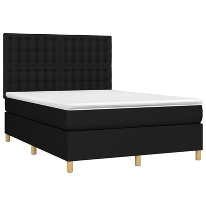 Cama box spring c/ colchão e LED 140x190 cm tecido preto