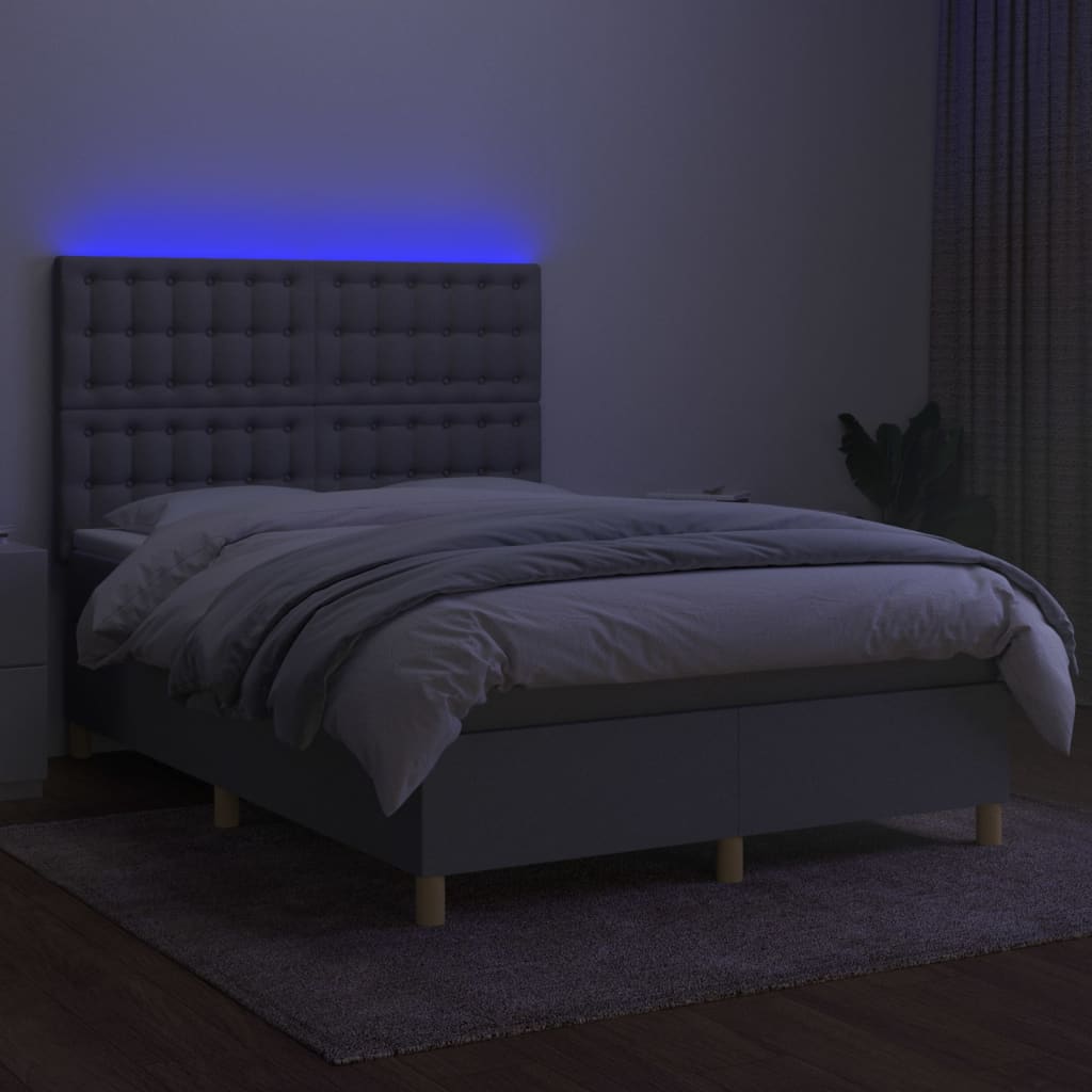 Cama box spring c/ colchão e LED 140x200 cm tecido cinza-claro