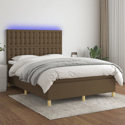 Cama box spring c/ colchão/LED 140x200cm tecido castanho-escuro