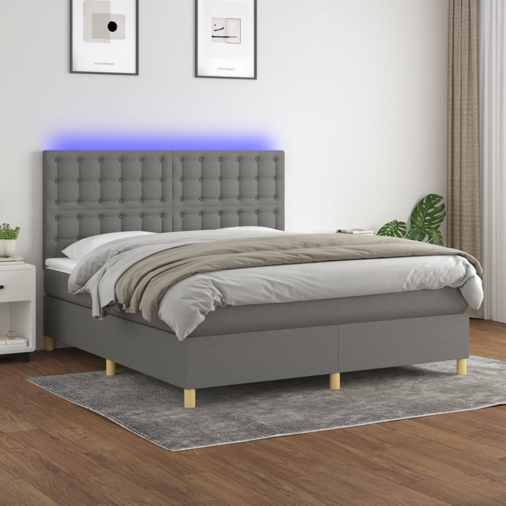 Cama box spring c/ colchão e LED 160x200 cm tecido cinza-escuro