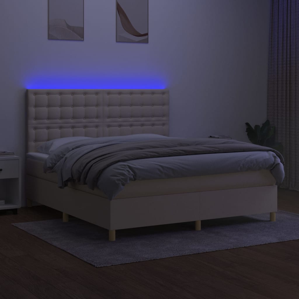 Cama box spring c/ colchão e LED 160x200 cm tecido cor creme