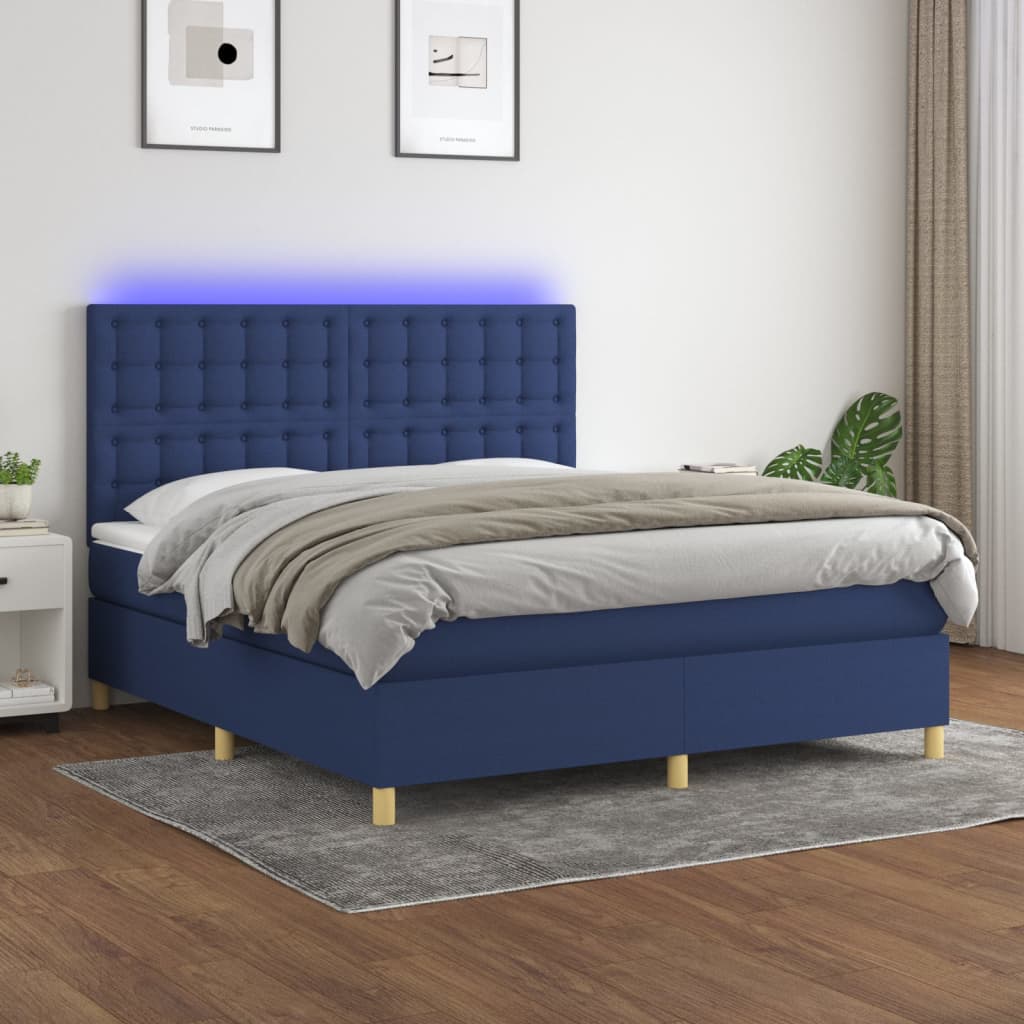 Cama box spring c/ colchão e LED 160x200 cm tecido azul