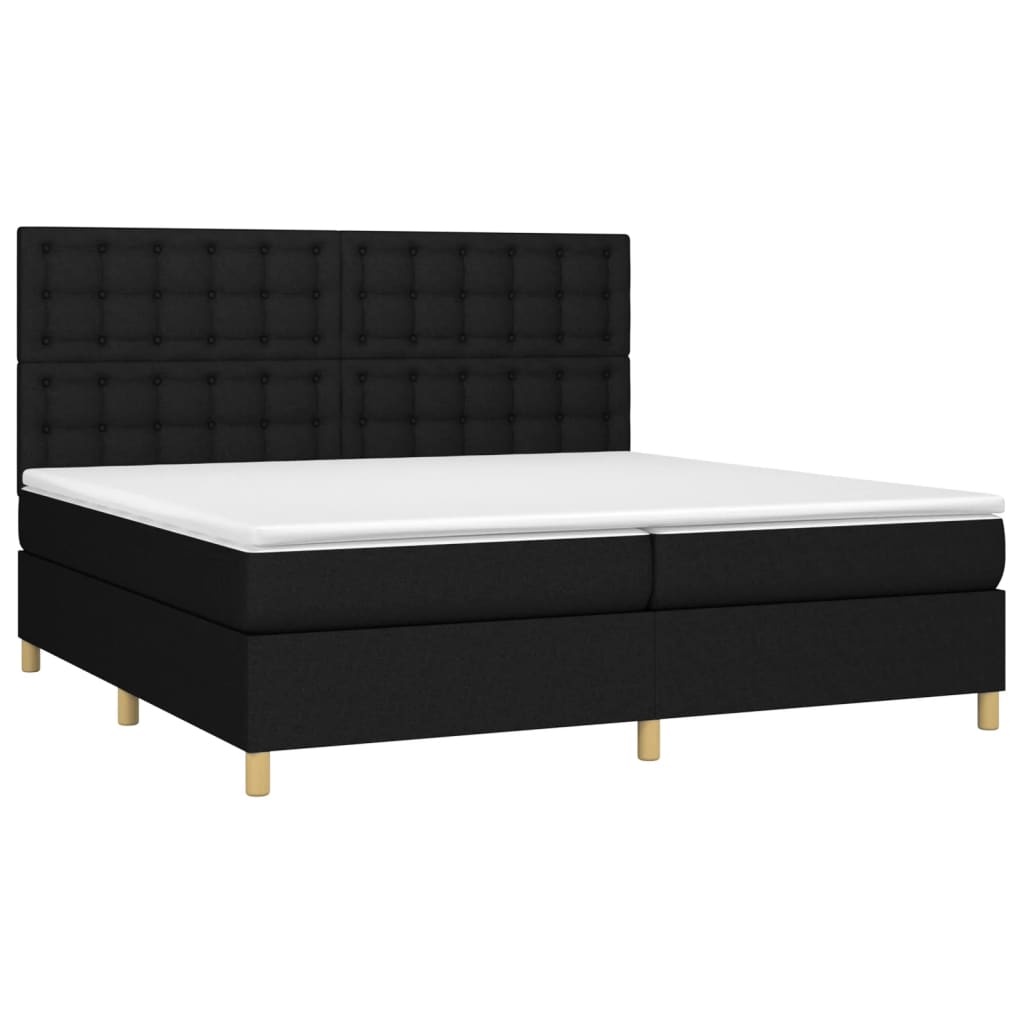 Cama box spring c/ colchão e LED 200x200 cm tecido preto