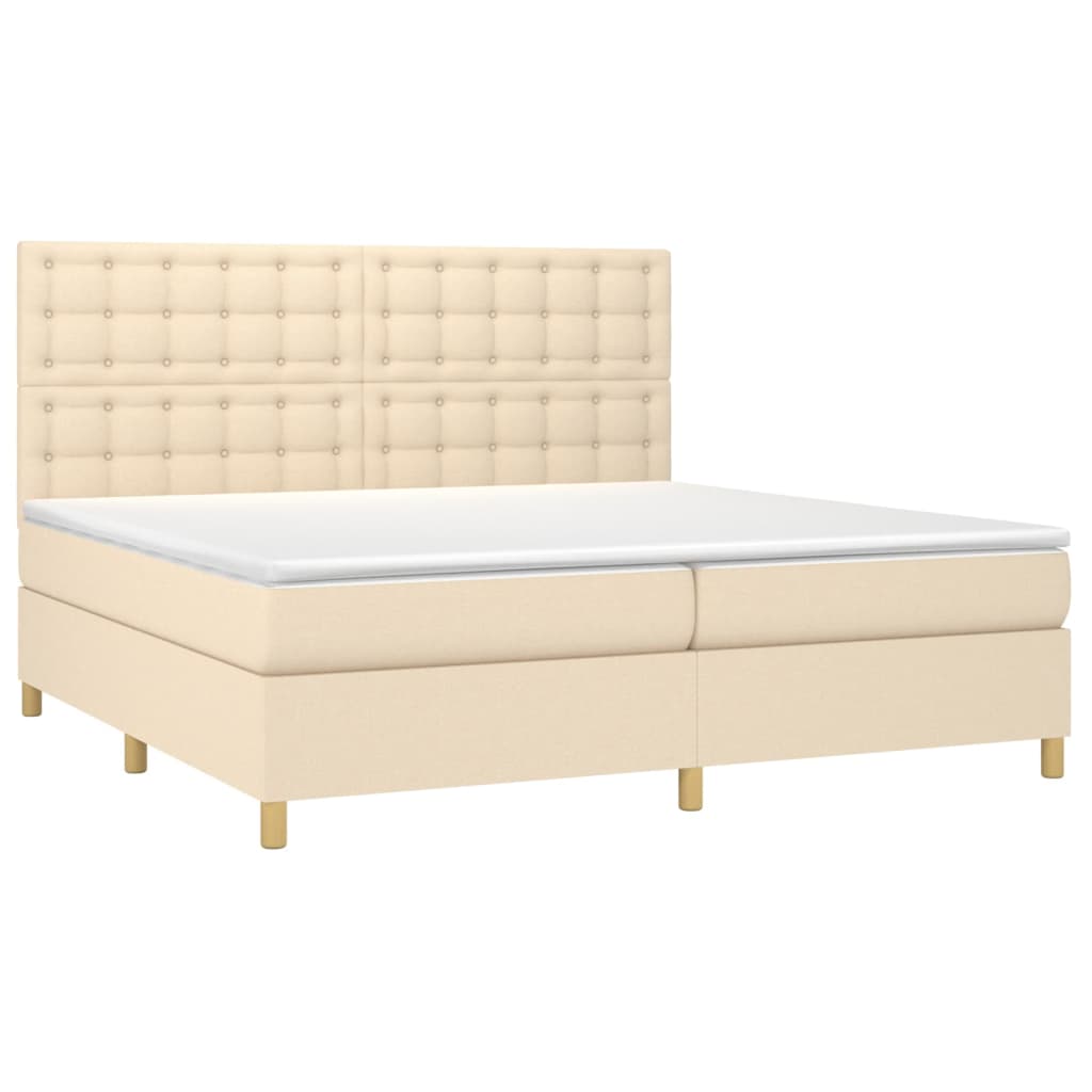 Cama box spring c/ colchão e LED 200x200 cm tecido cor creme