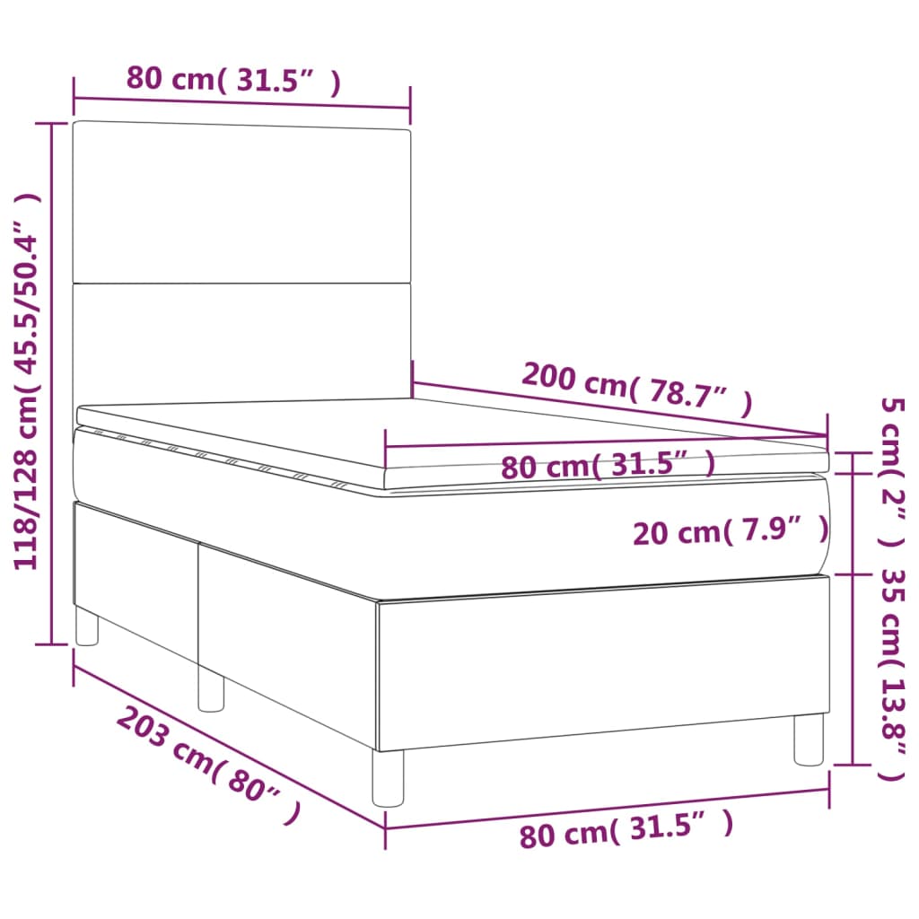 Cama box spring c/ colchão/LED 80x200 cm couro artif. castanho