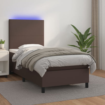 Cama box spring c/ colchão/LED 80x200 cm couro artif. castanho