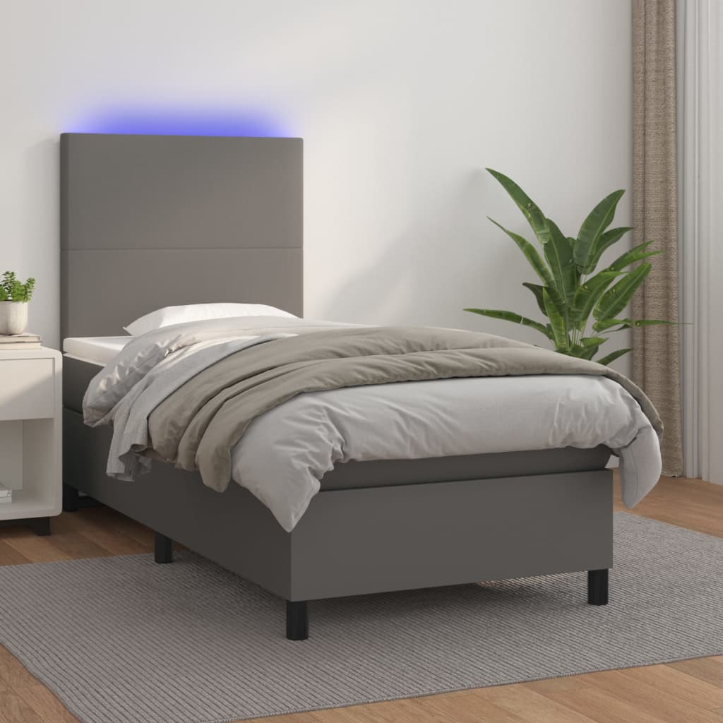 Cama box spring c/ colchão/LED 80x200 cm couro artificial cinza