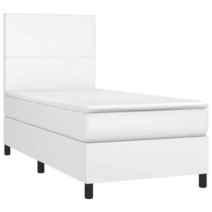 Cama box spring c/ colchão/LED 90x190cm couro artificial branco