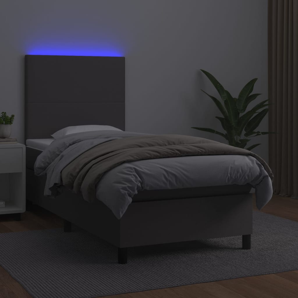 Cama box spring c/ colchão/LED 90x190 cm couro artificial cinza