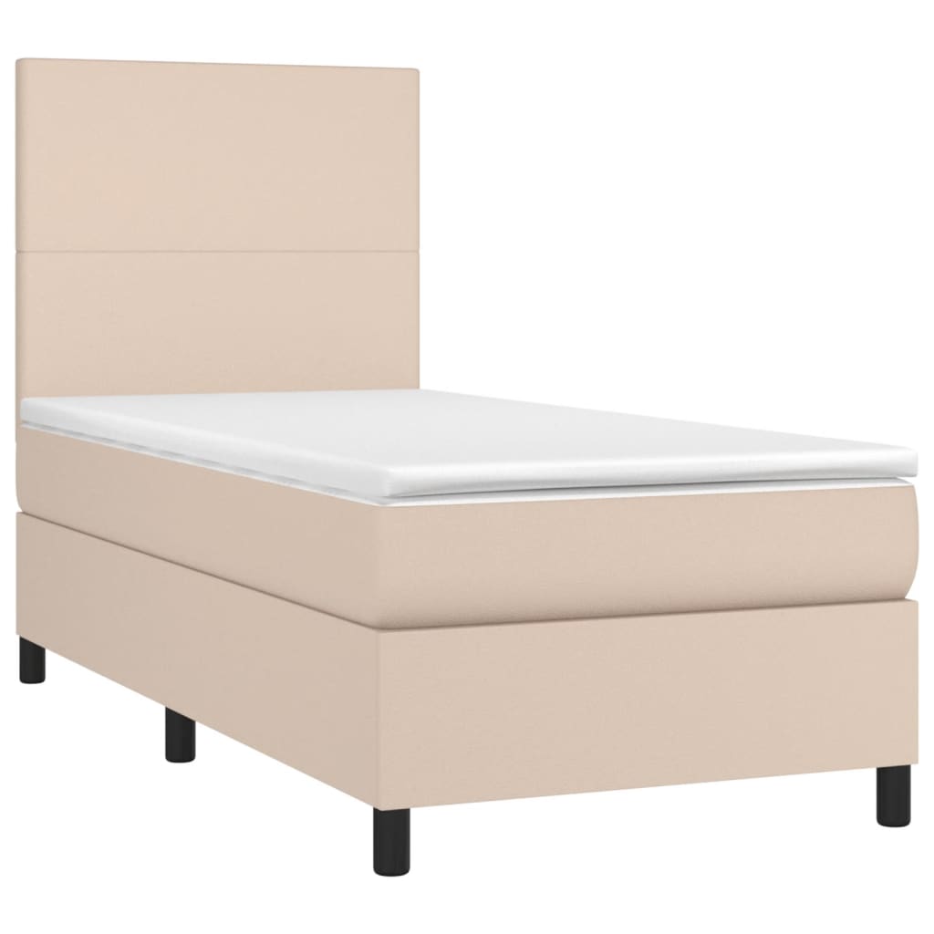 Cama box spring c/ colchão/LED 90x190cm couro artif. cappuccino