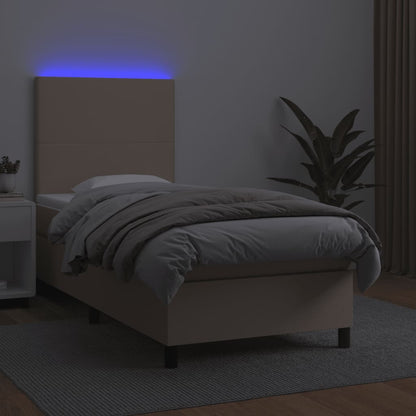 Cama box spring c/ colchão/LED 90x190cm couro artif. cappuccino