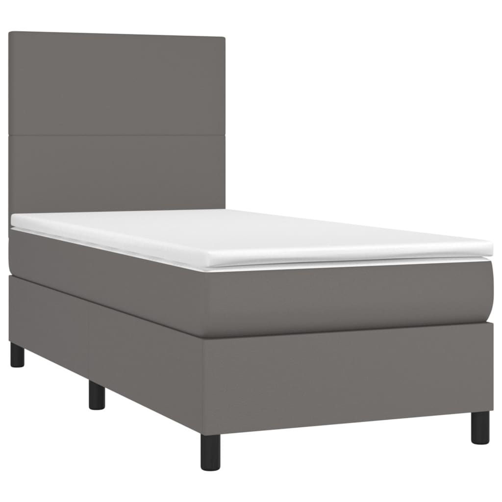 Cama box spring c/ colchão/LED 90x200 cm couro artificial cinza