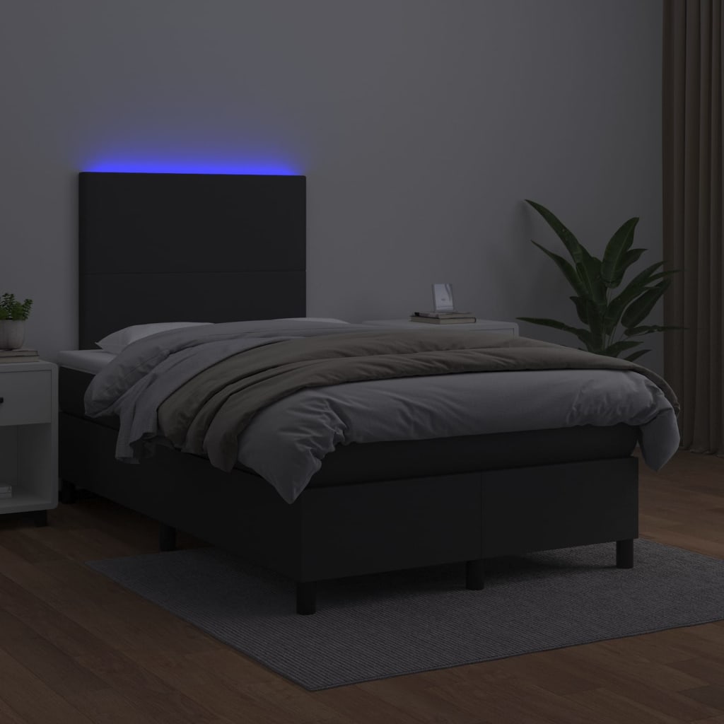 Cama box spring c/ colchão/LED 120x200cm couro artificial preto