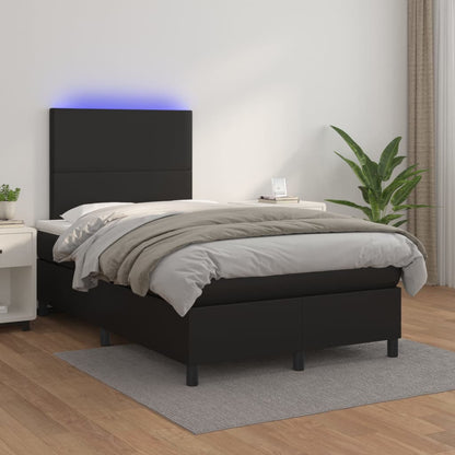 Cama box spring c/ colchão/LED 120x200cm couro artificial preto