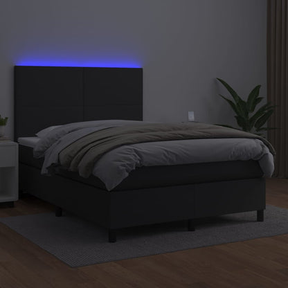 Cama box spring c/ colchão/LED 140x190cm couro artificial preto