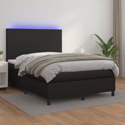 Cama box spring c/ colchão/LED 140x190cm couro artificial preto