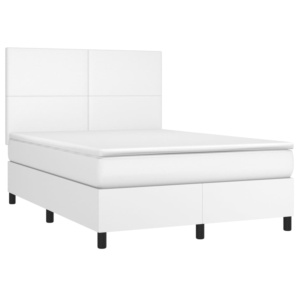 Cama box spring c/colchão/LED 140x190cm couro artificial branco