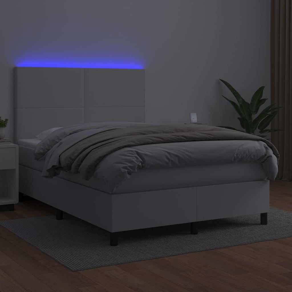 Cama box spring c/colchão/LED 140x190cm couro artificial branco