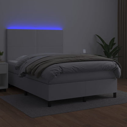 Cama box spring c/colchão/LED 140x190cm couro artificial branco