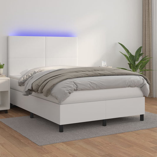 Cama box spring c/colchão/LED 140x190cm couro artificial branco