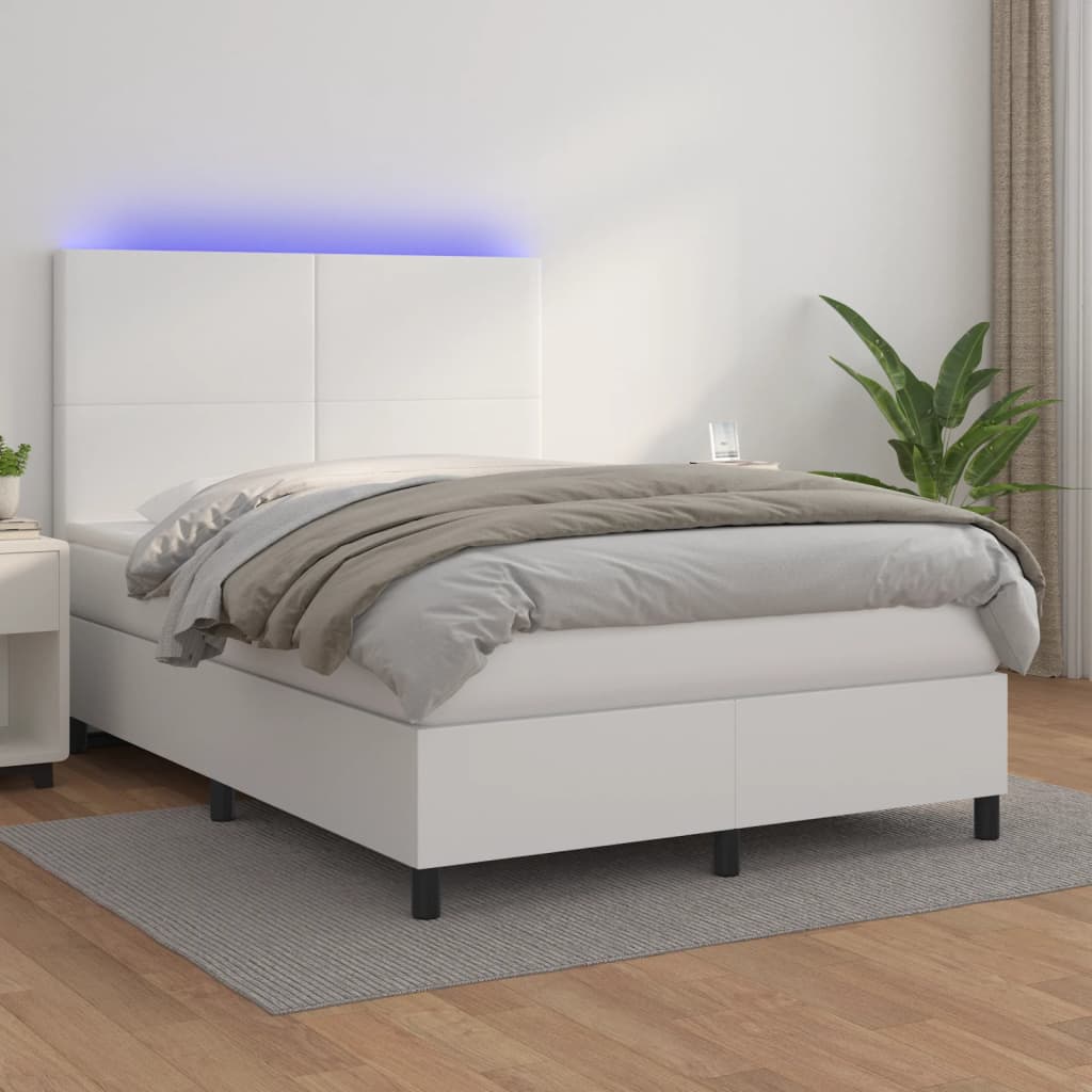 Cama box spring c/colchão/LED 140x200cm couro artificial branco