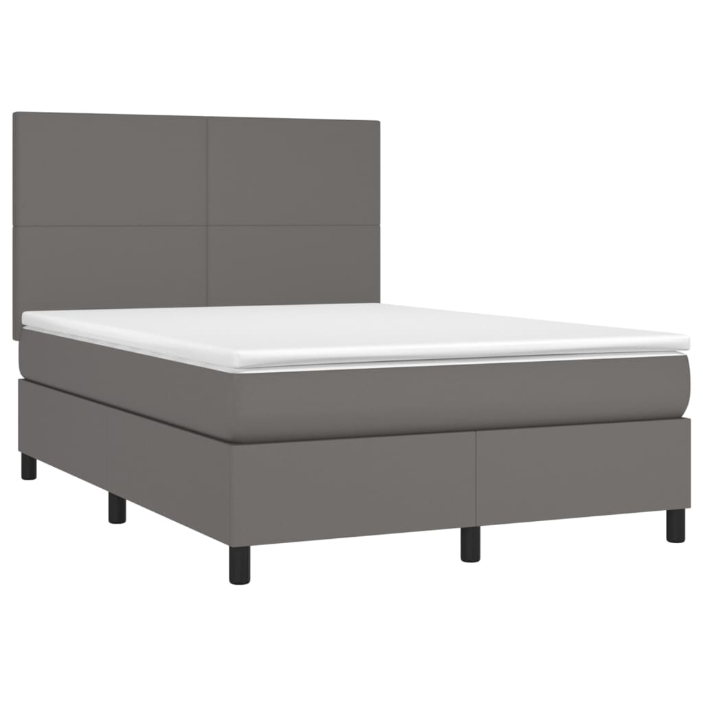 Cama box spring c/ colchão/LED 140x200cm couro artificial cinza