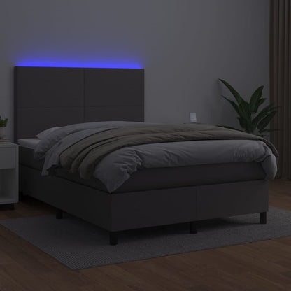 Cama box spring c/ colchão/LED 140x200cm couro artificial cinza