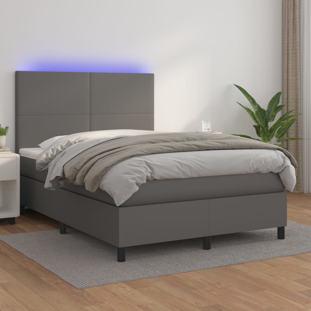 Cama box spring c/ colchão/LED 140x200cm couro artificial cinza