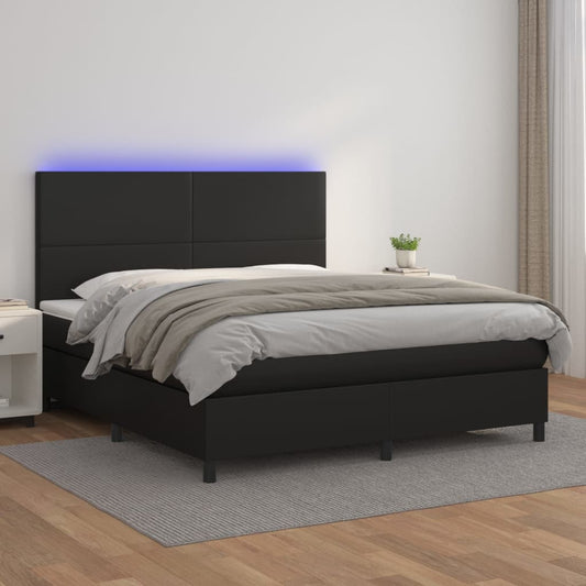 Cama box spring c/ colchão/LED 160x200cm couro artificial preto