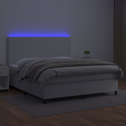 Cama box spring c/colchão/LED 160x200cm couro artificial branco