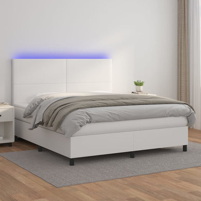 Cama box spring c/colchão/LED 160x200cm couro artificial branco