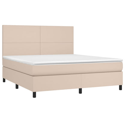 Cama box spring c/colchão/LED 160x200cm couro artif. cappuccino