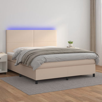 Cama box spring c/colchão/LED 160x200cm couro artif. cappuccino