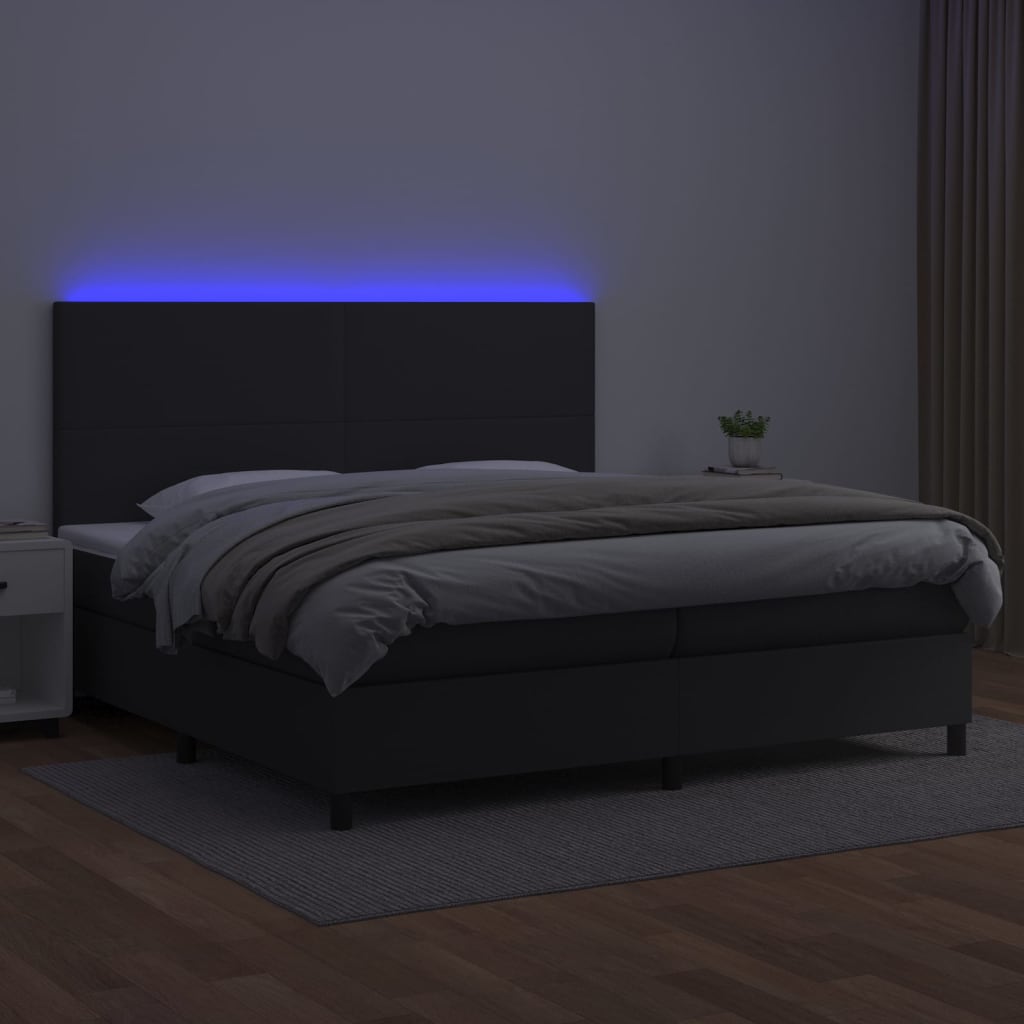 Cama box spring c/ colchão/LED 200x200cm couro artificial preto