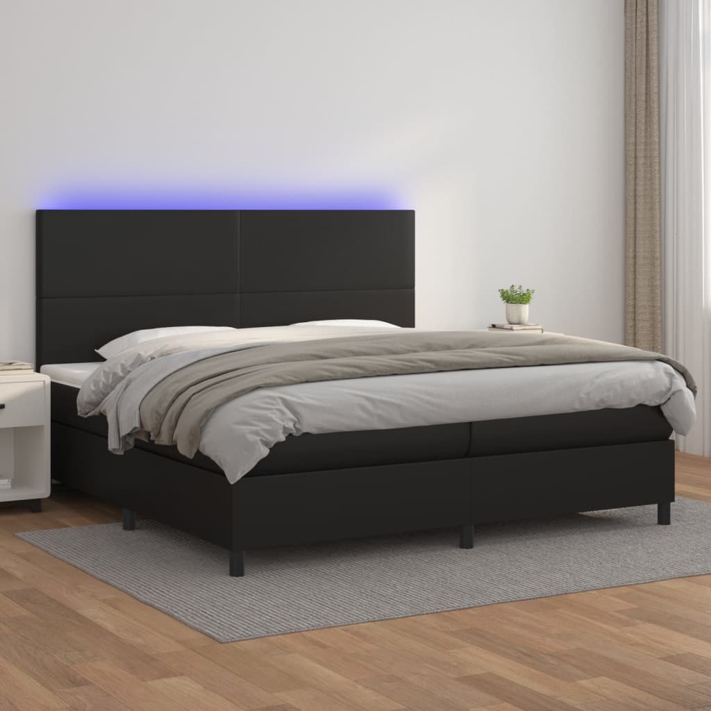 Cama box spring c/ colchão/LED 200x200cm couro artificial preto