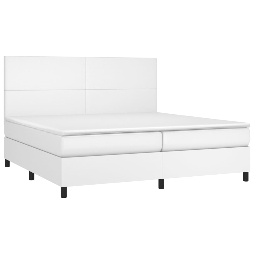 Cama box spring c/colchão/LED 200x200cm couro artificial branco