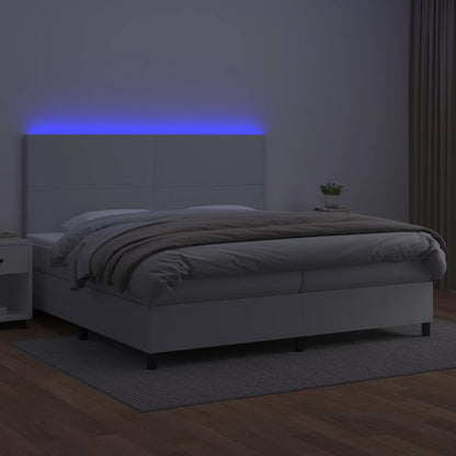 Cama box spring c/colchão/LED 200x200cm couro artificial branco