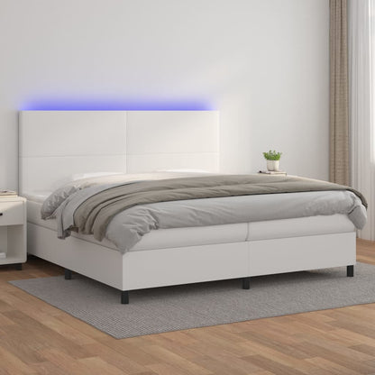 Cama box spring c/colchão/LED 200x200cm couro artificial branco