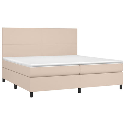 Cama box spring c/colchão/LED 200x200cm couro artif. cappuccino