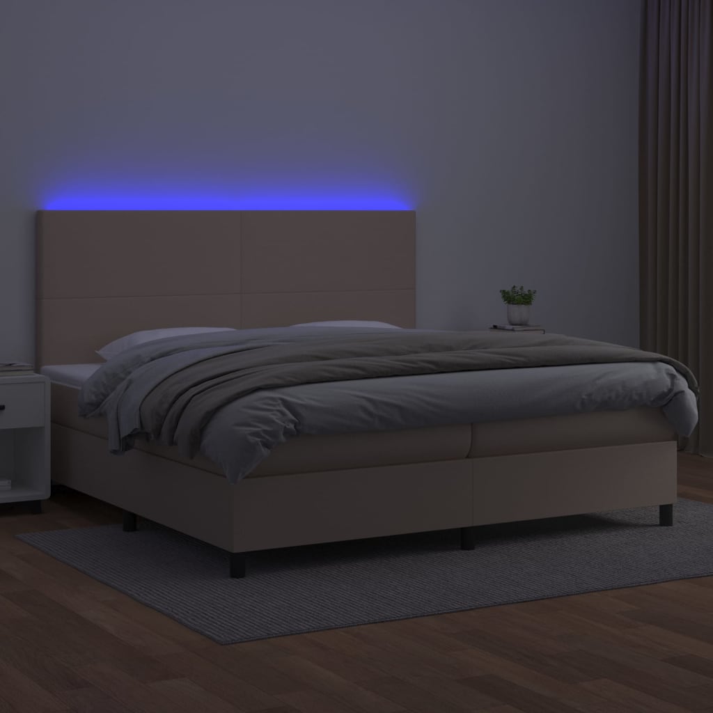 Cama box spring c/colchão/LED 200x200cm couro artif. cappuccino