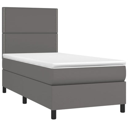 Cama box spring c/ colchão/LED 90x200 cm couro artificial cinza