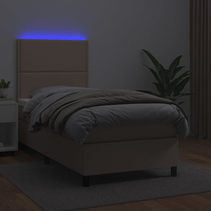 Cama box spring c/ colchão/LED 90x200cm couro artif. cappuccino