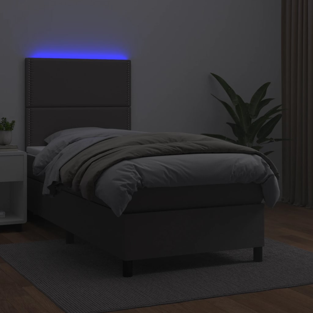 Cama box spring c/ colchão/LED 100x200cm couro artificial cinza