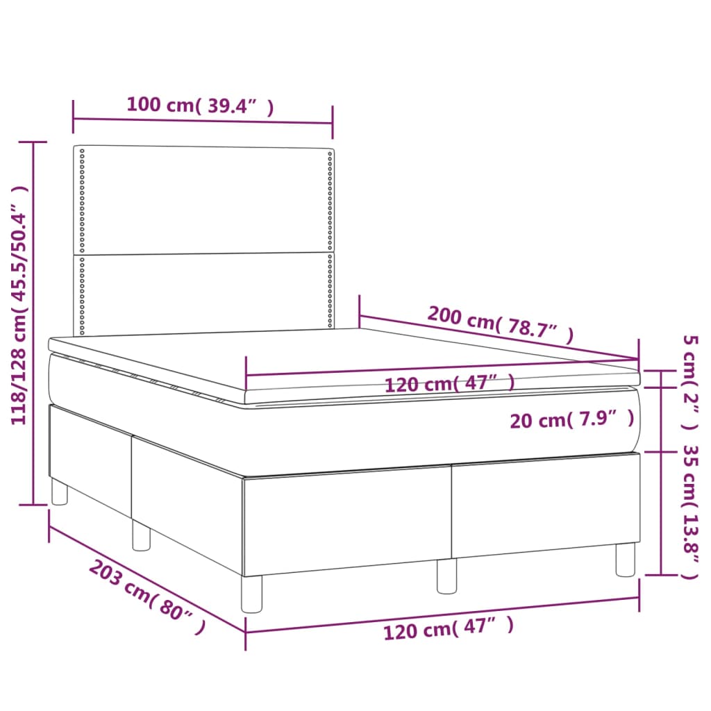 Cama box spring c/colchão/LED 120x200cm couro artificial branco